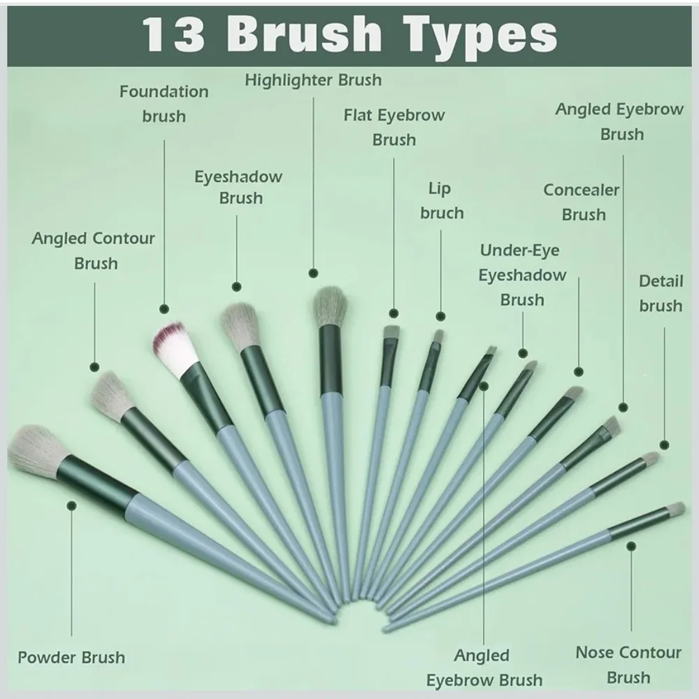 Green Women’s Makeup Brush Set with Pouch - 12 Pieces